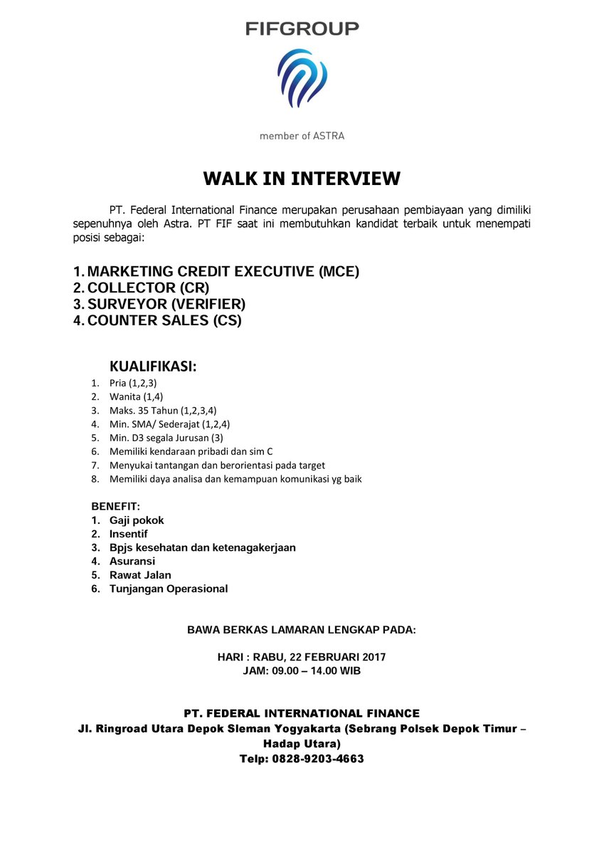 QuenDevi's tweet photo. @jogja_lowker WALK INTERVIEW PT FEDERAL INTERNATIONAL FINANCE YOGYAKARTA https://t.co/z7pQkJNYat