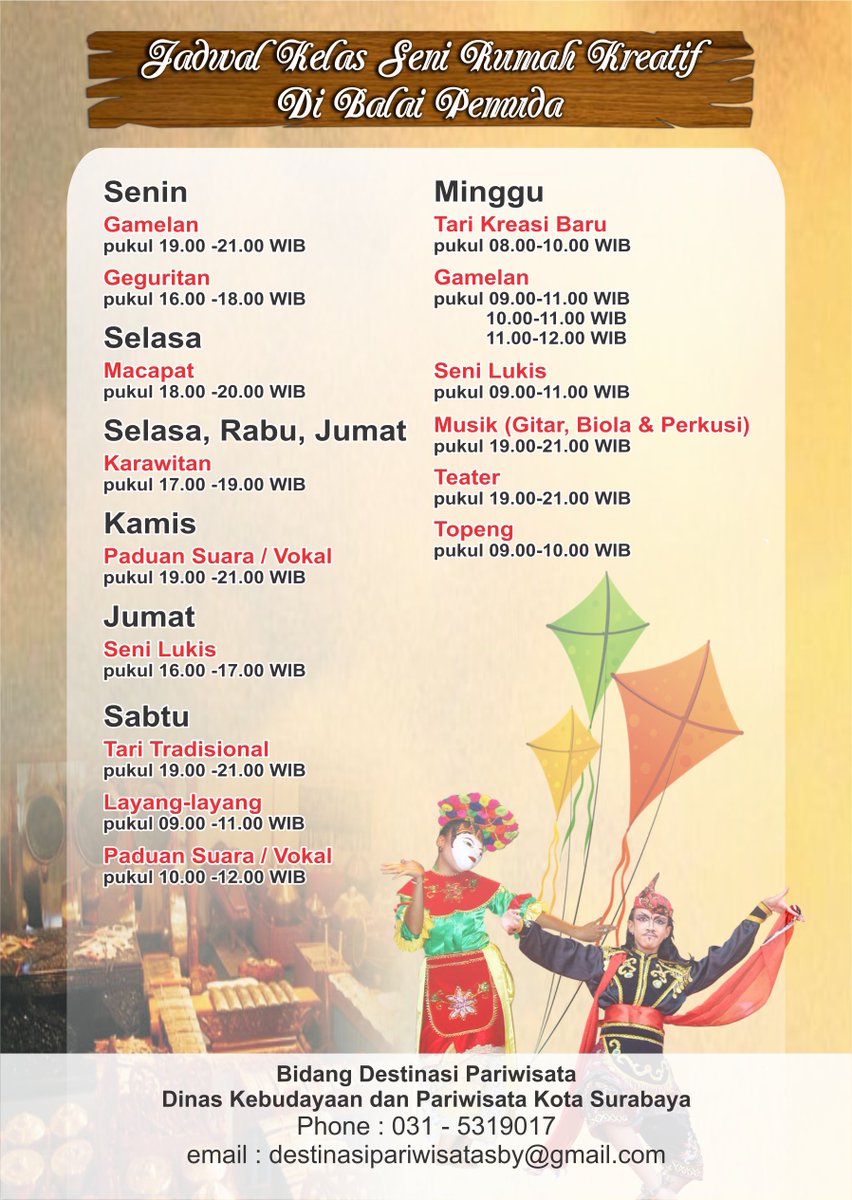 Jadwal Kelas Seni Rumah Kreatif di <a href="/BalaiPemuda/">Gedung Balai Pemuda</a> Surabaya. Info: 031-5319017