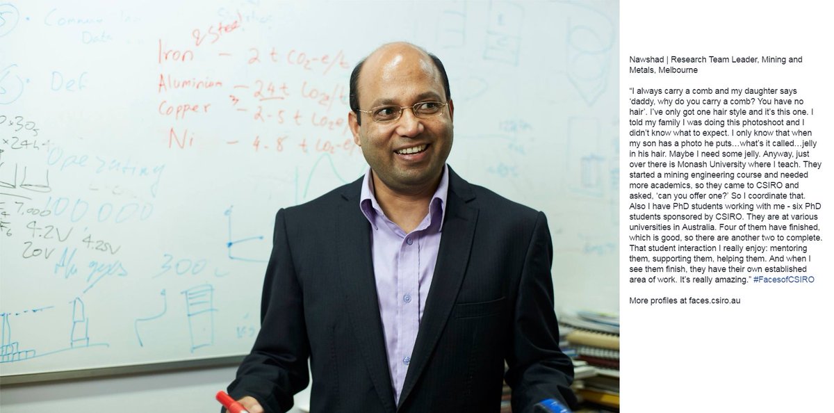 CSIRO's tweet photo. Nawshad — Research Team Leader, Minerals: "I always carry a comb and my daughter says ‘daddy, why do you carry a comb?..." #FacesofCSIRO https://t.co/wwrANvbntv