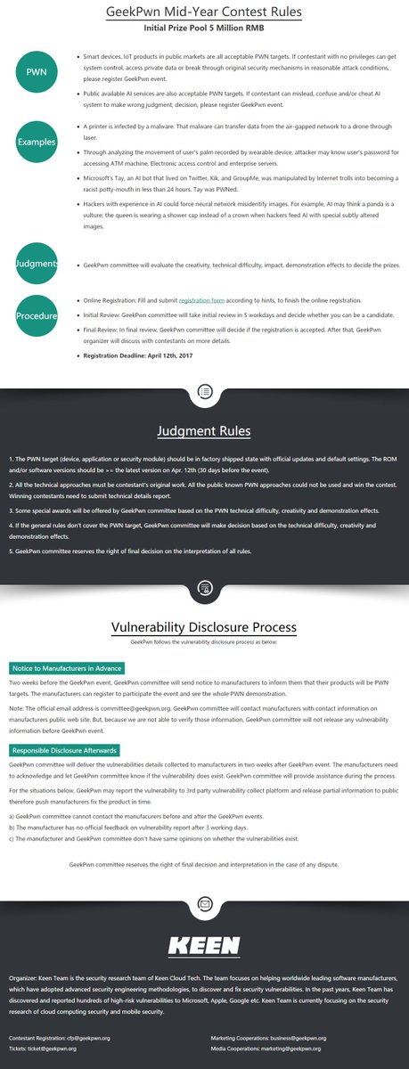 GeekPwn's tweet image. NOTE: The rules set no limitation on the PWN target at #GeekPwn, geeks can choose their targets freely (from smart devices to AI services).