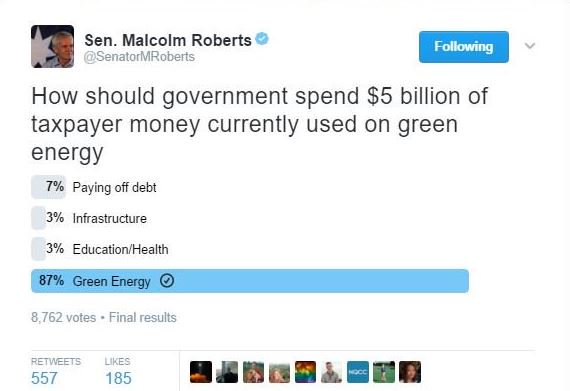 EnviroVic's tweet photo. Final results are in — clean energy received 99 times more votes than Malcolm Roberts got in the Federal election. #Whoops https://t.co/56Y2NHi2UG