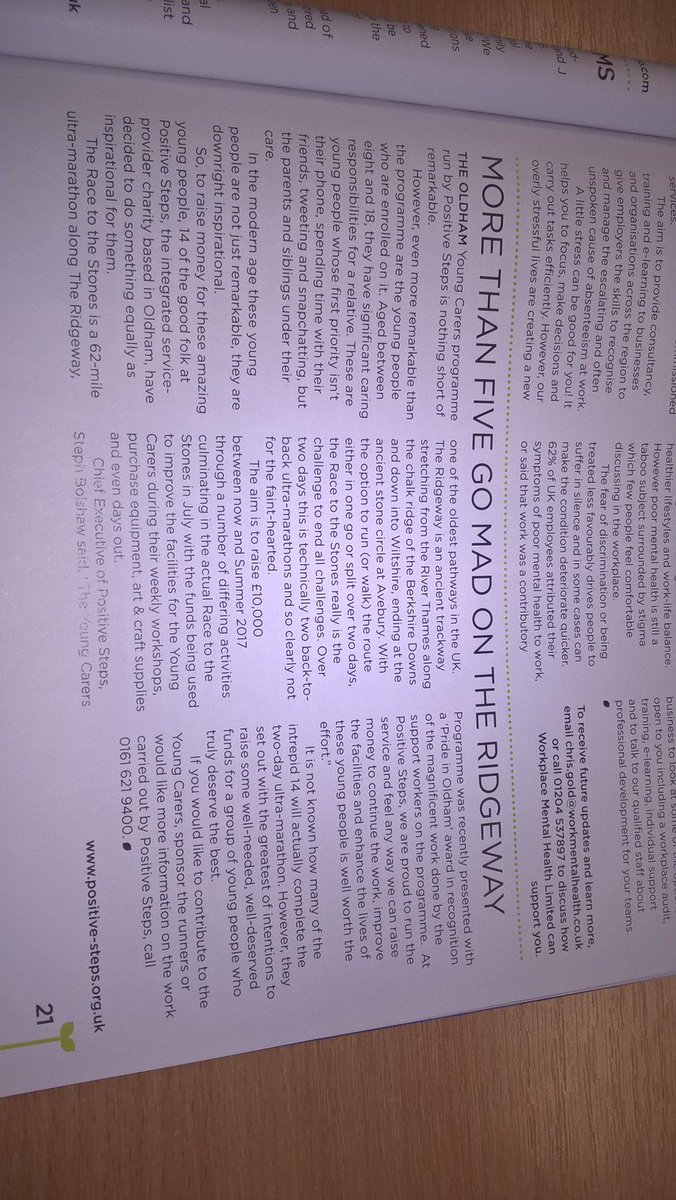 Darren_PosSteps's tweet photo. Great to have #PSChallenge17 in the @gmchamber mag. Raising £10k for Oldham Young Carers @PositiveSteps with @LWEstates & @Sports_PhysioUK https://t.co/VYmEXI8IJG