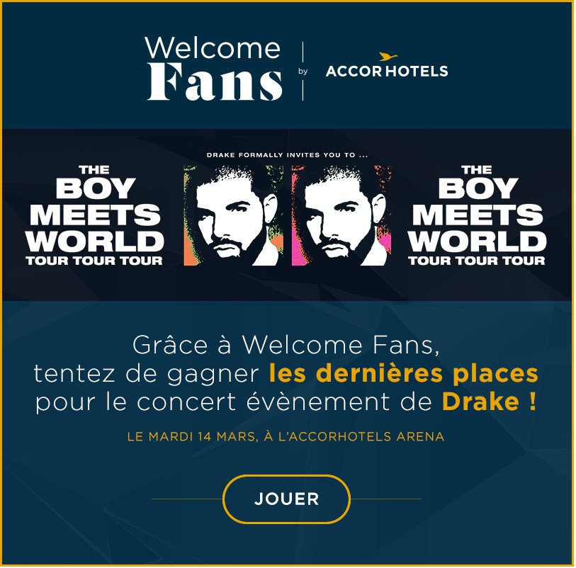 Plus de places pour voir @Drake? Pas de panique, avec @welcome_fans_ on vous propose de gagner les derniers billets 🙌goo.gl/fChlE4