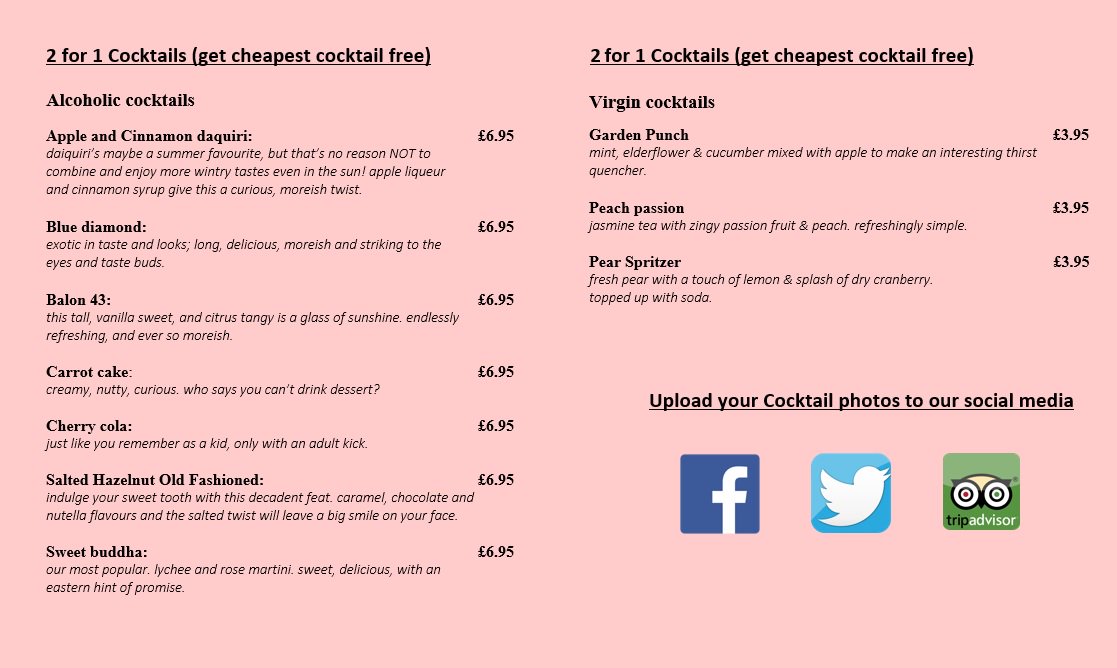 Baorient's tweet photo. 2 for 1 cocktails all day every day :) https://t.co/C9s4nrh96g