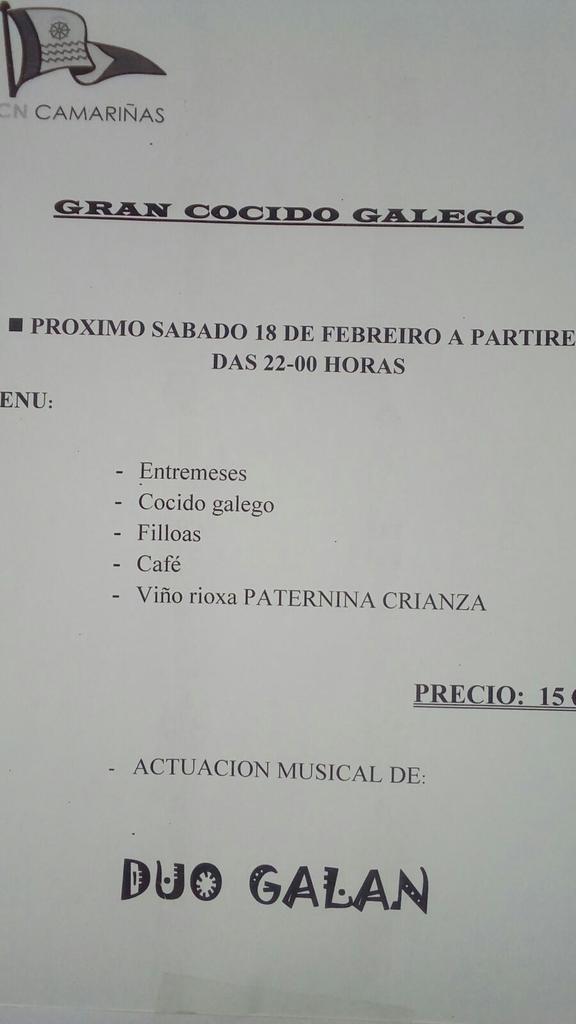 Este sábado, 18 de febreiro, un gran cocido galego no Restaurante do Náutico e con actuación musical.
