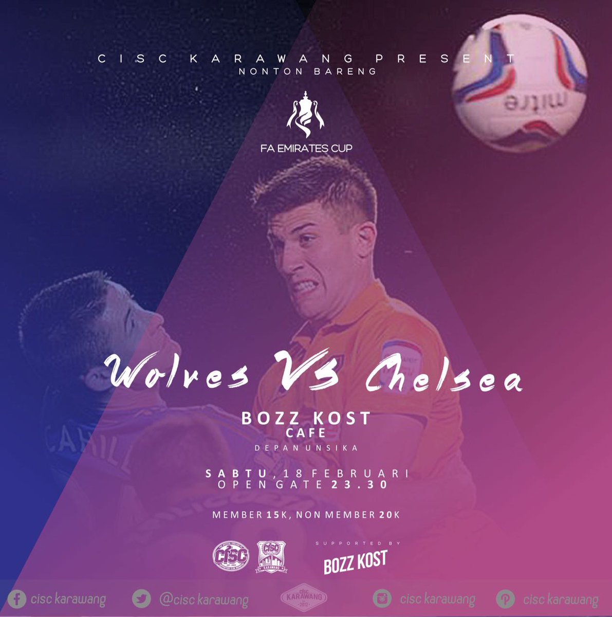 CISCkarawang's tweet photo. #NonbarSeru
Wolverhampton Vs Chelsea
KO: 00.30 Minggu,19-02-2017
OG: 23.30 Sabtu, 18-02-2017
BozzKost Cafe
Htm: 15k(member)/20k(non) https://t.co/kEW3qFqHQO