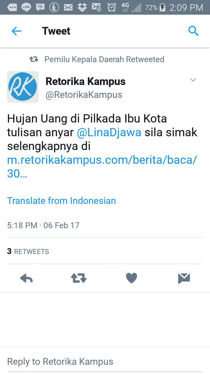 LinaDjawa's tweet photo. Alhamdulillah tulisan di @RetorikaKampus ttg pilkada diretweet @Pemilu_KADA https://t.co/gfZatiBdcW
