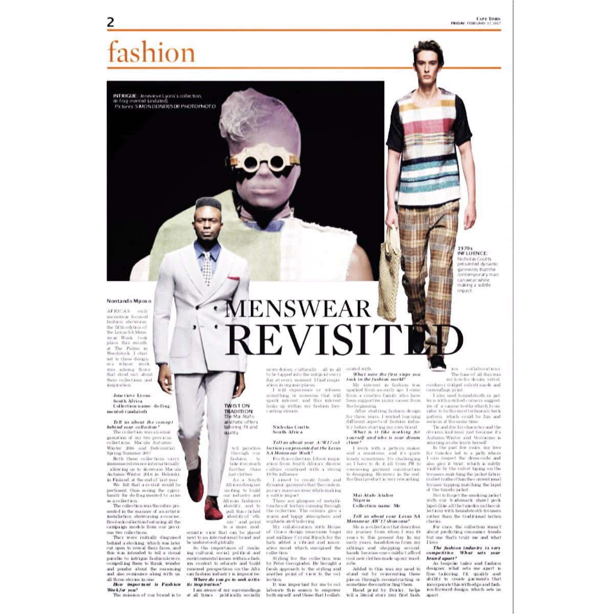 Designers <a href="/jenevieve_lyons/">Jenevieve Lyons</a> <a href="/nicholascoutts/">Nicholas Coutts</a> and <a href="/maiatafo/">Mai Atafo</a> talk about their #LexusSAMW AW'17 showcase.<a href="/CapeTimesArts/">Goodlife</a>