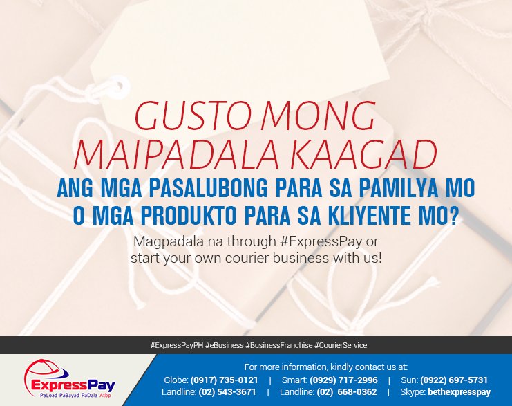 ExpressPayBCEBF's tweet image. Punta na sa #ExpressPay! expresspay.com.ph #ExpressPayPH #eBusiness #BusinessFranchise #CourierService