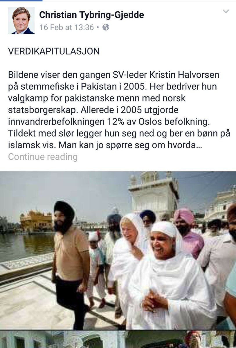 Tybring-Gjedde med Trumpske alternative fakta: Legger ut bilde av Kristin Halvorsen med sikher i India, beskriver som muslimer i Pakistan.