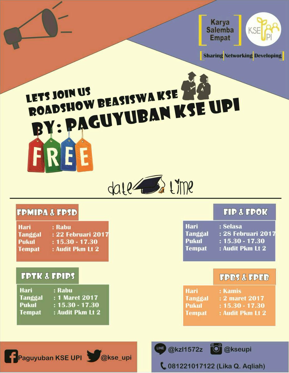 Jangan lewatkan ROADSHOW BEASISWA KARYA SALEMBA EMPAT (KSE) 
Catat hari dan tanggal khusus fakultasmu! 
-Sharing, Networking, Developing-