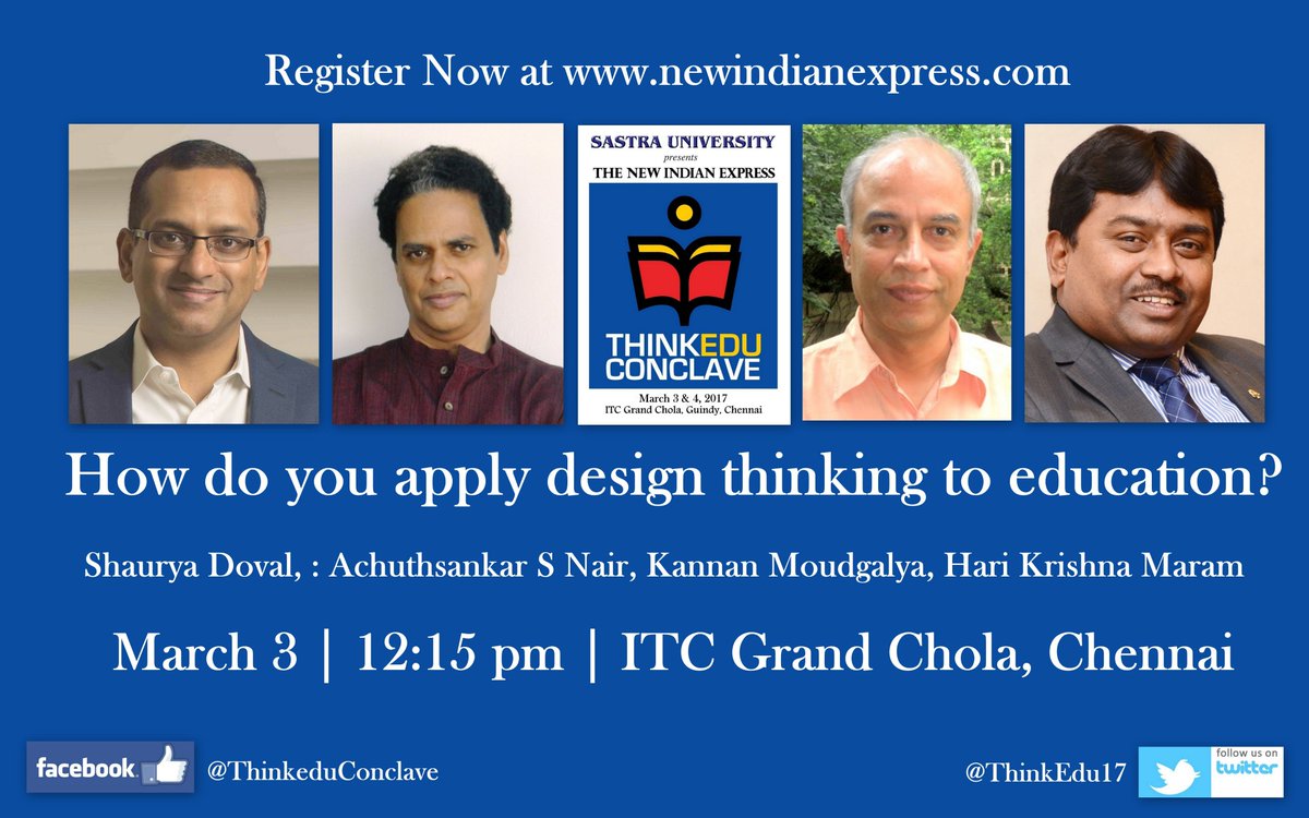 ThinkEdu18's tweet photo. How do you apply design thinking to education? Session on March 3 in Chennai #ThinkEdu17 @PrabhuChawla @shaurya_doval #education #Chennai https://t.co/WjlXlEpBBW