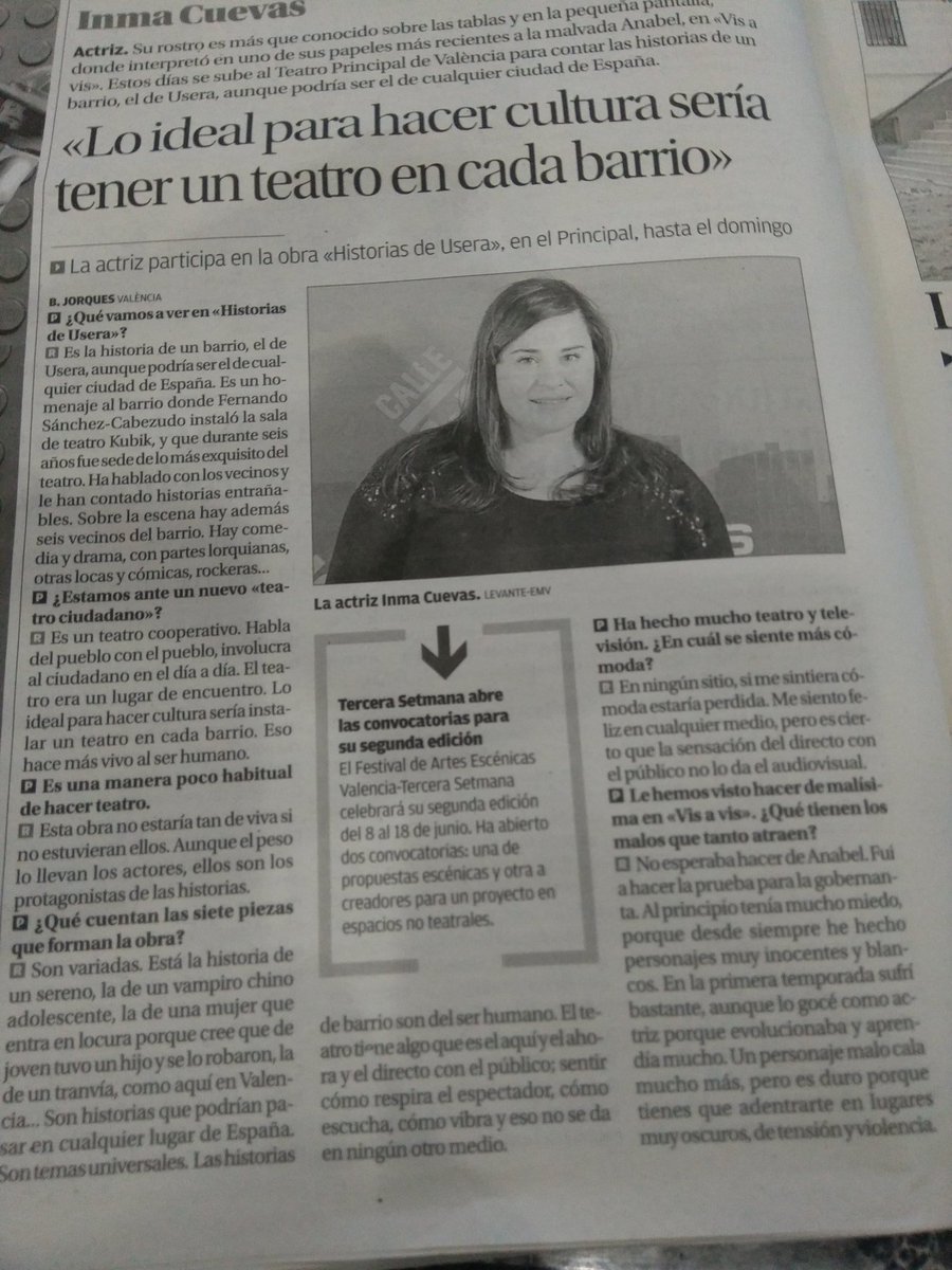 Hoy en #Levante, B. Jorques entrevista a <a href="/Inma_Cuevas/">Inma Cuevas</a> #HistoriasDeUsera #TeatroPrincipalValencia. Hasta el día 19.