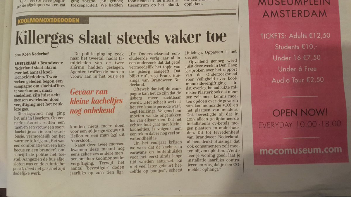 Publicitair slot in <a href="/Telegraaf/">De Telegraaf</a> van de o zo noodzakelijke bewustwordingscampagne over gevaren #koolmonoxide
<a href="/brandweer_nl/">Brandweer Nederland</a> <a href="/brandwondenNL/">BrandwondenStichting</a>