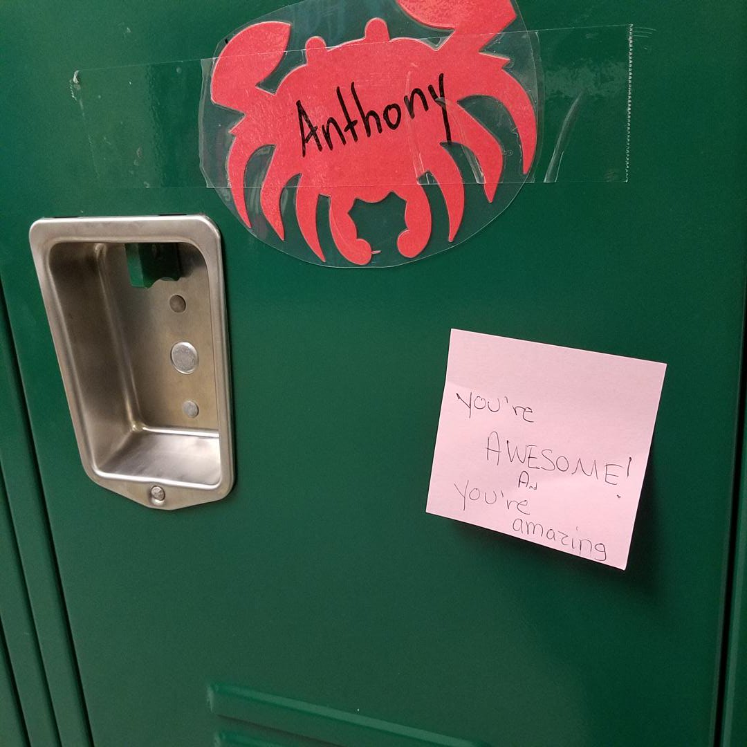 Relay_SDT's tweet photo. Encouraging words on every locker this morning! Amazing work of the student council! @MEScounselor2 @TeamMiddlesexES #mesmagic https://t.co/1niLIwSFLa