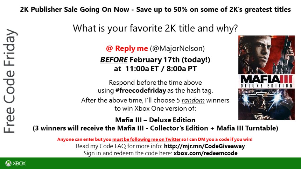 majornelson's tweet photo. #FreeCodeFriday time. Read this and you could win Mafia III Deluxe Edition on Xbox One from @2K. Good luck. https://t.co/sr94DfnpDE