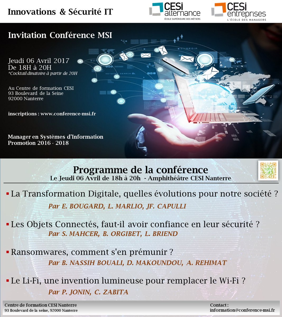 sebsegard's tweet photo. Le 06 avril @CESI_IdFCentre @VilleNanterre , conférence "Innovations &amp; Sécurité IT"  Ouvert à tous ! inscription :https://t.co/uaFLv9wsLx https://t.co/6EOhHoQ8bt