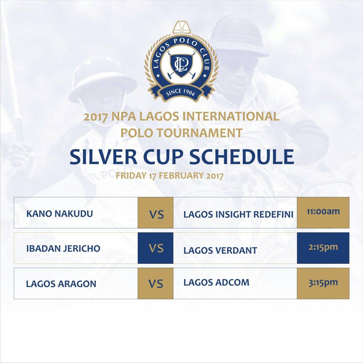 LagosPoloClub's tweet photo. Match schedule for today's game #lagoslovespolo #2017NLIPT #lagosplayspolo #lagospolo2017 https://t.co/bUJr7iAPqS