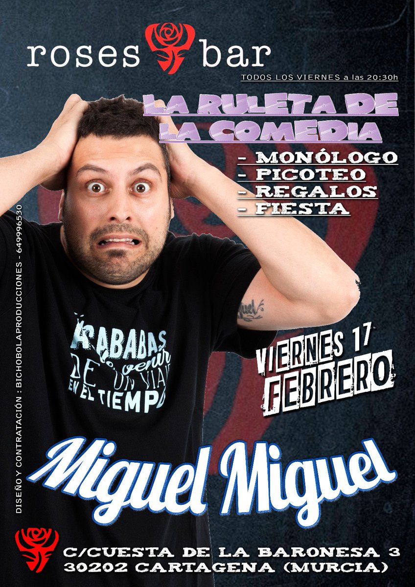 Y por fin llegó el día, esta noche <a href="/MiguelMiguelweb/">Miguel Miguel</a> estará en #laruletadelacomedia de <a href="/gruporoses/">Roses Bar</a> de #cartagena
#cenafria #monologo #regalos