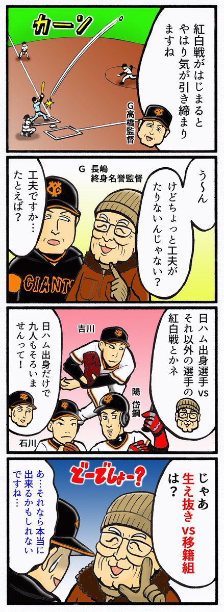 スポマ スポーツ漫画 イラストサービス 完全燃笑 プロ野球更新です 巨人紅白戦でミスターが T Co dwvufoel 読売ジャイアンツ 高橋監督 長嶋茂雄 北海道日本ハムファイターズ