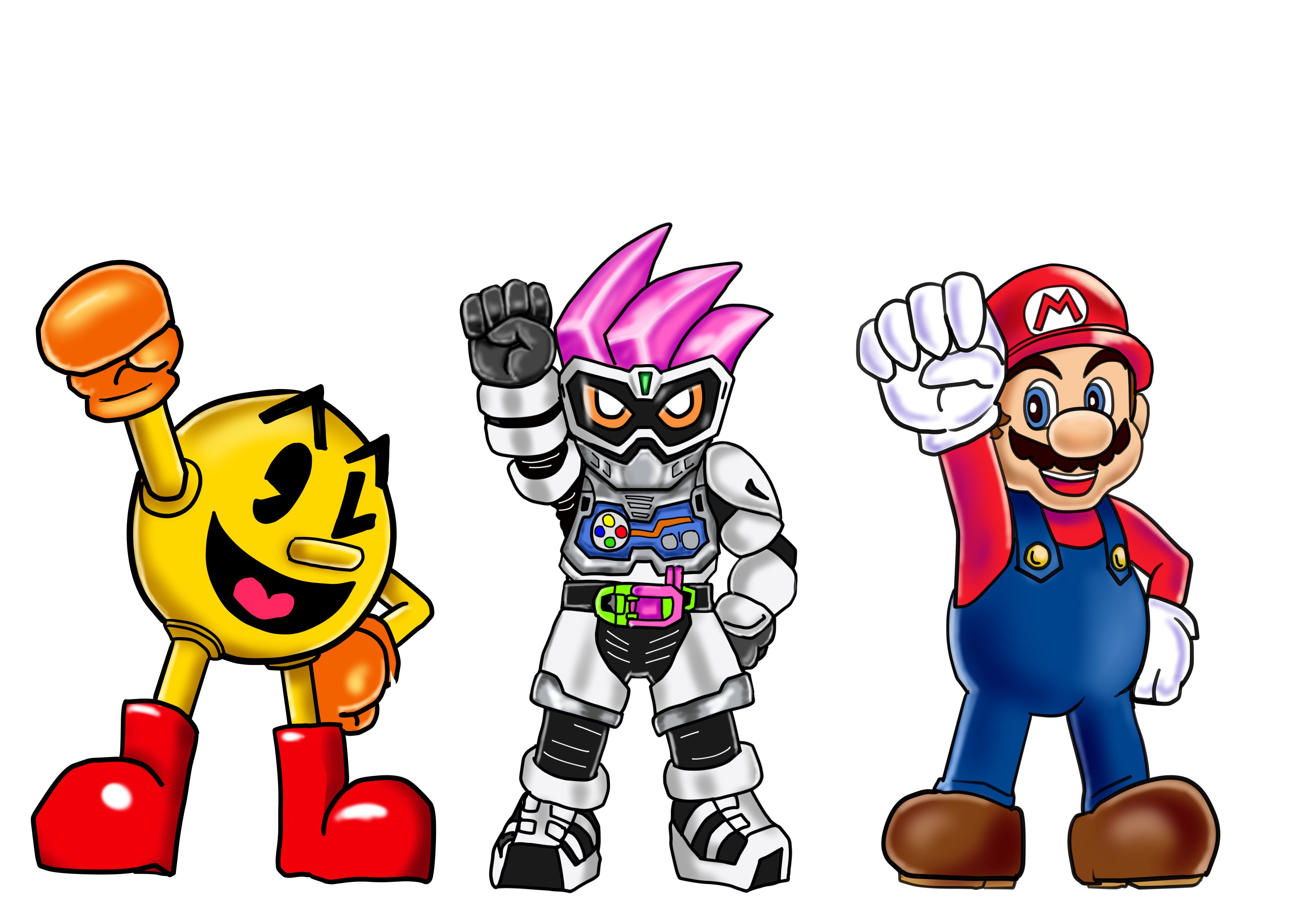 レムレム博士 V Twitter 親戚の少年へのプレゼント用に描いたイラスト 仮面ライダーエグゼイドとマリオとパックマンが凄く好きとの事なので ３人でエグゼイドの決めポーズ 上のスペースに 君 ゲームも宿題もノーコンティニューでクリアだぜ とセリフを入れ