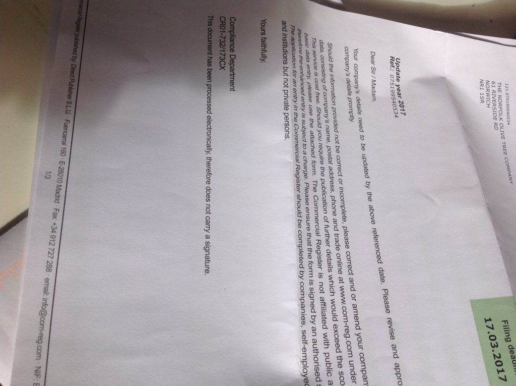 NorwichGardens's tweet photo. Small business owners beware of this Scam #commercialregister it's a complete fraud- please RT https://t.co/z9b6DwZKll