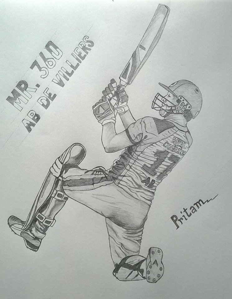 CricFit's tweet image. A beautiful pencil sketch of birthday boy AB de Villiers by his fan Pritam Ghosh.