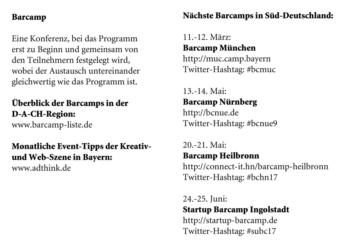 adthink's tweet photo. Für die, die durch die #konkiju17 Lust auf weitere Barcamps bekommen haben: #bcmuc / #bcnue9 / #bchn17 / #subc17 https://t.co/h9IliDm4ck