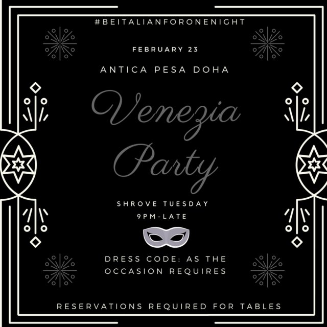 anticapesadoha's tweet image. Fantasy and mystery Venetian style!On February 23rd we celebrate Carnival week -happy hour, music and a sweet suprise! #BeItalianForOneNight
