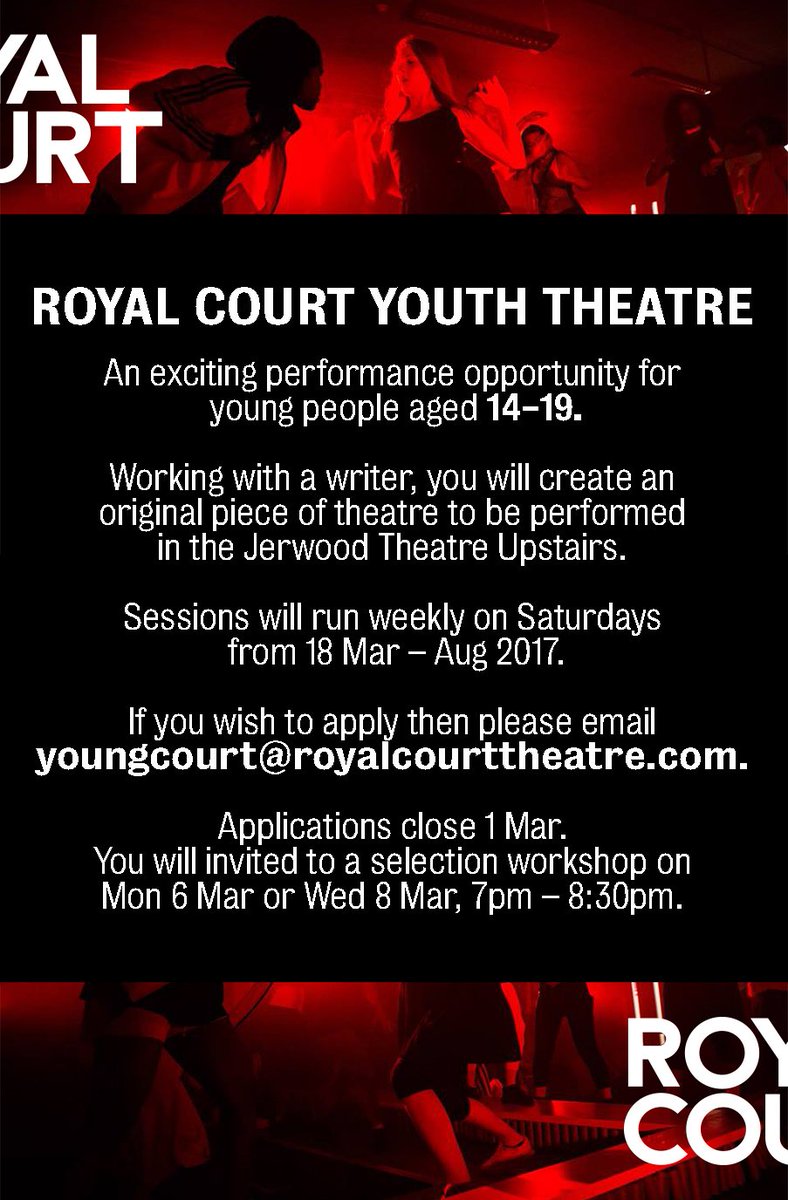 Old Vic New Voices (@oldvicnewvoices) on Twitter photo YOUNG PEOPLE AGED 14-19! Don't miss this exciting performance opportunity,18th March - August 2017 <a href="/royalcourt/">Royal Court</a> #YoungCourt YOUNG PEOPLE AGED 14-19! Don't miss this exciting performance opportunity,18th March - August 2017 <a href="/royalcourt/">Royal Court</a> #YoungCourt