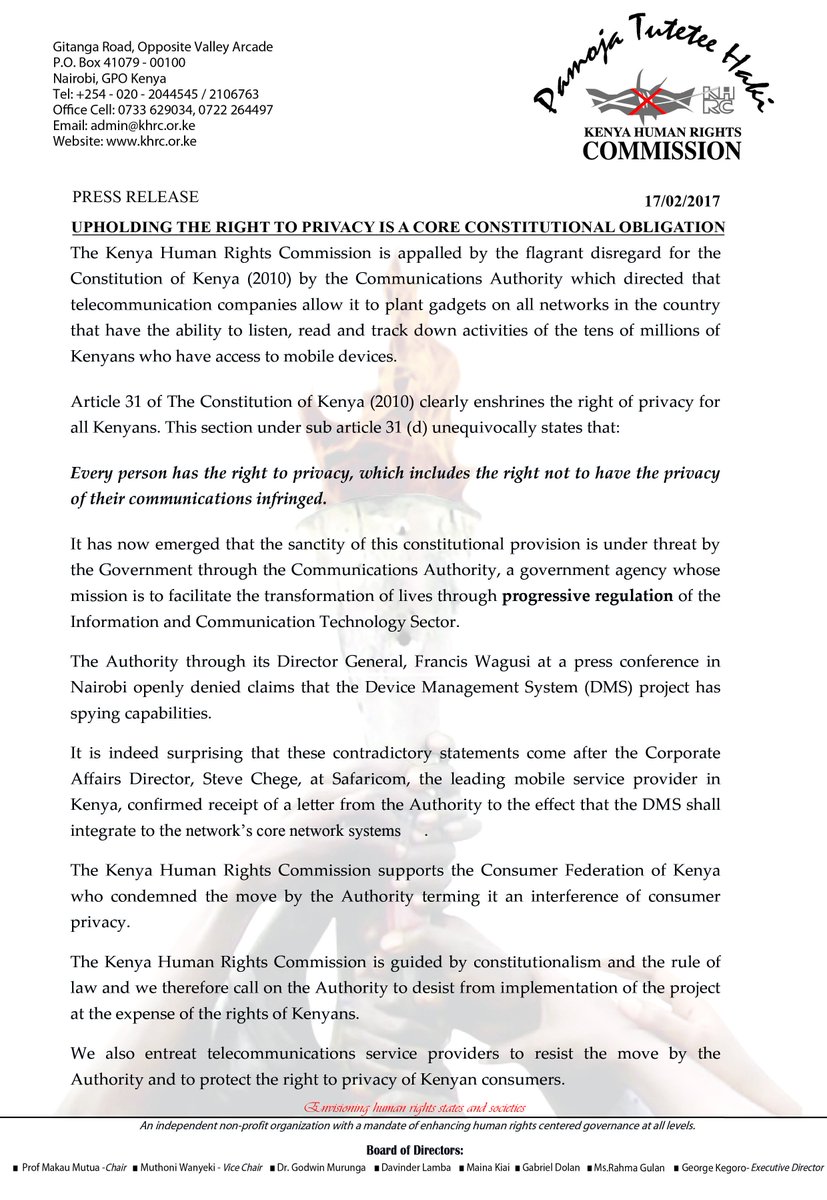 thekhrc's tweet photo. Press release: #MobilePrivacyIsMyRight @BBCAfrica @KTNNews @citizentvkenya @Maskani254 @KTNNews Francis Wangusi @nisisikenya @cipesaug https://t.co/I9eIjYayzG