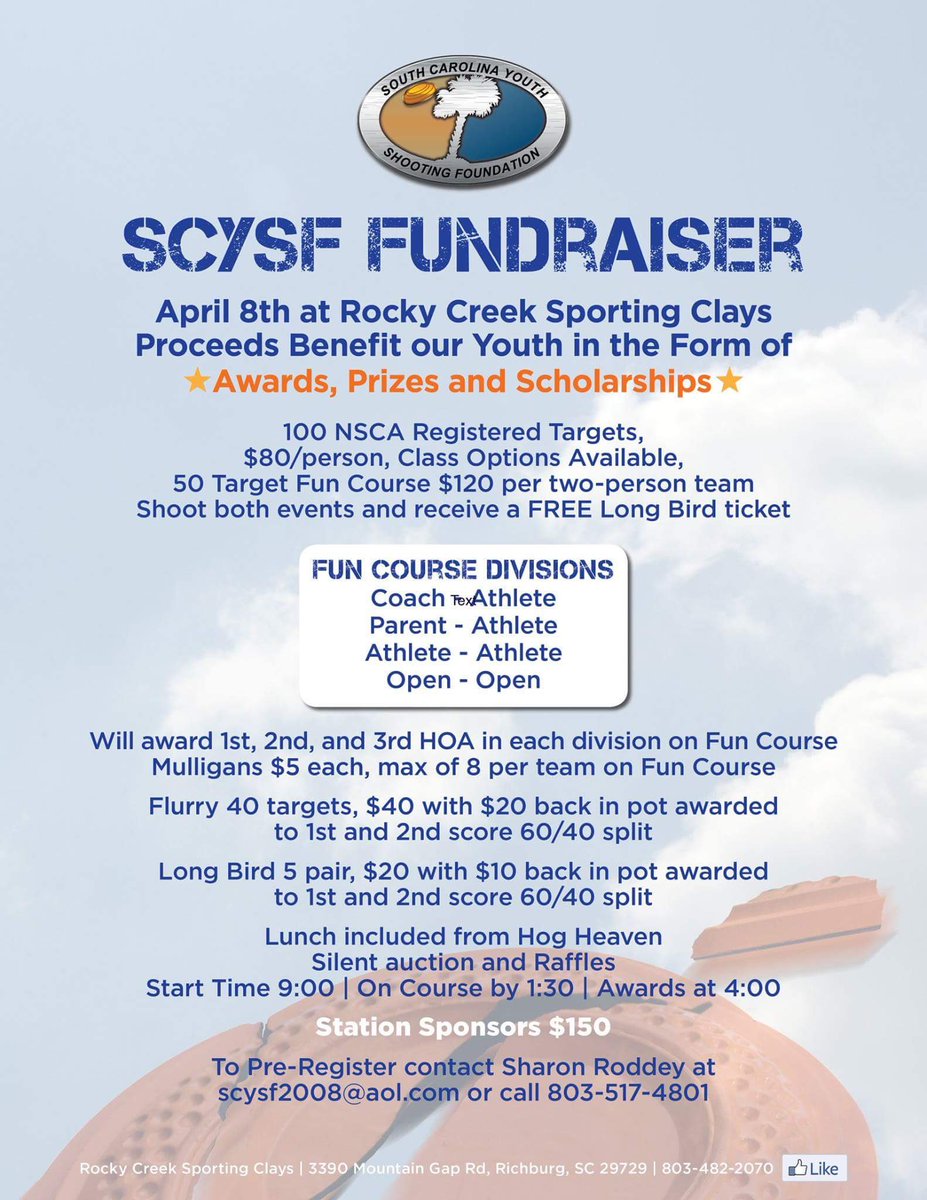 Mark your calendars for Saturday, April 8th and join us at Rocky Creek Sporting Clays. All proceeds benefit #SCYSF.
