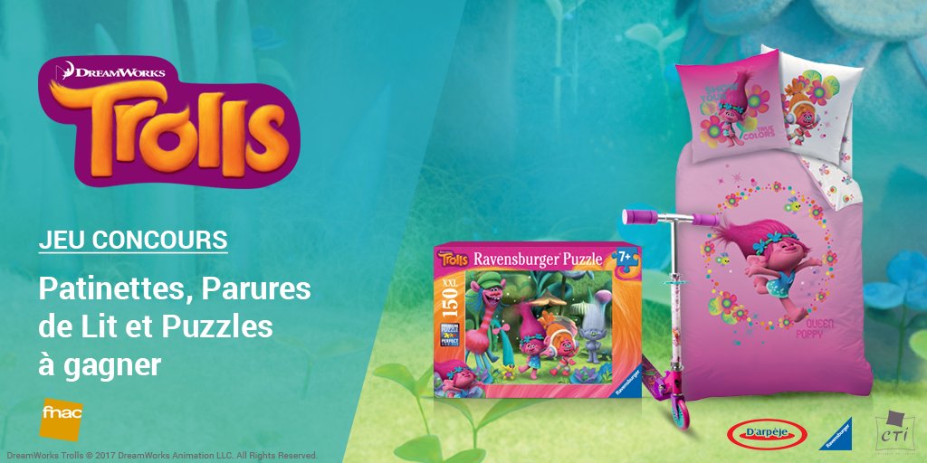 Fnac's tweet image. Jeu concours #Trolls ! Tentez de remporter des patinettes 2 roues, parures de lit ou puzzles 2D  &amp;gt;&amp;gt; RT + Follow bit.ly/2knoCku