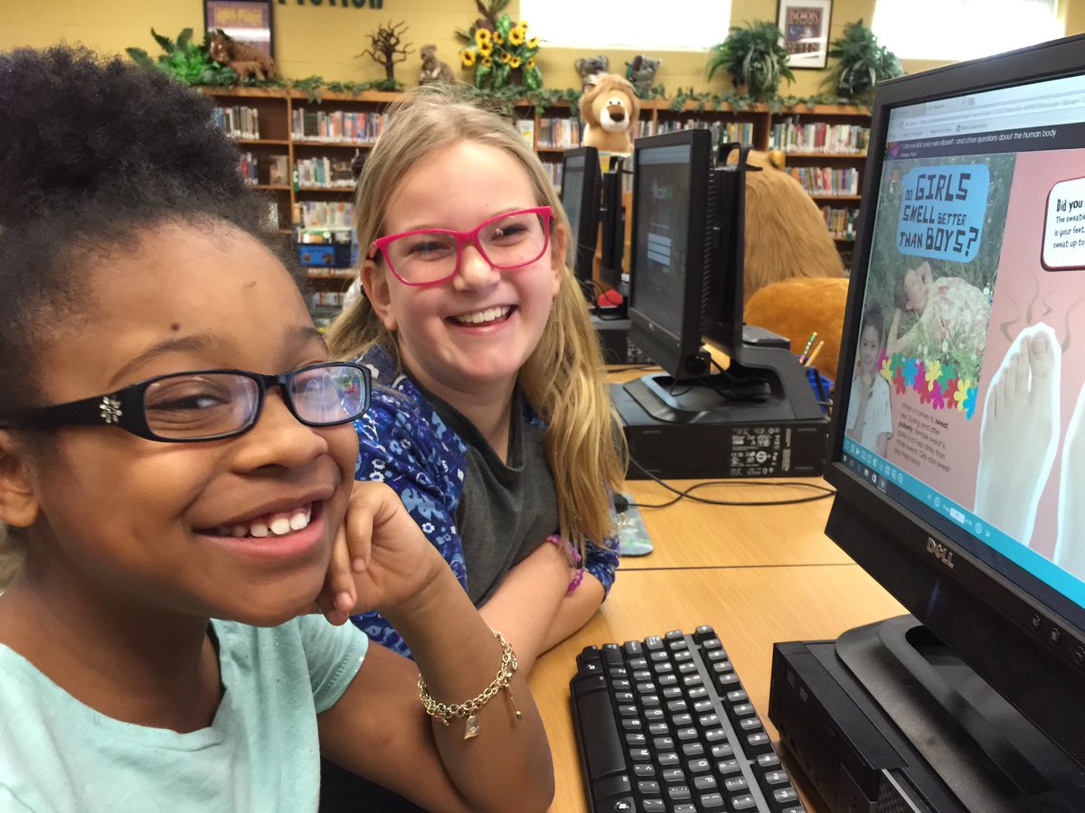 CindyRynard's tweet photo. Did you know girls' feet smell better than boys'? We read it in an ebook in the library! Cool facts😉 #belairbulldogs #girlpower #ebookfun https://t.co/Zvrd2Z2iK5