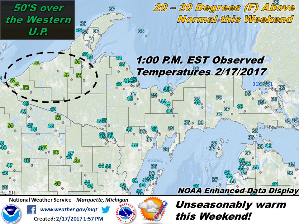 NWSMarquette's tweet photo. Unseasonably warm temperatures are expected this weekend. As of 1:00 P.M. some locations in the Western U.P. have reached 50 degrees. https://t.co/WA8XNtq7nb