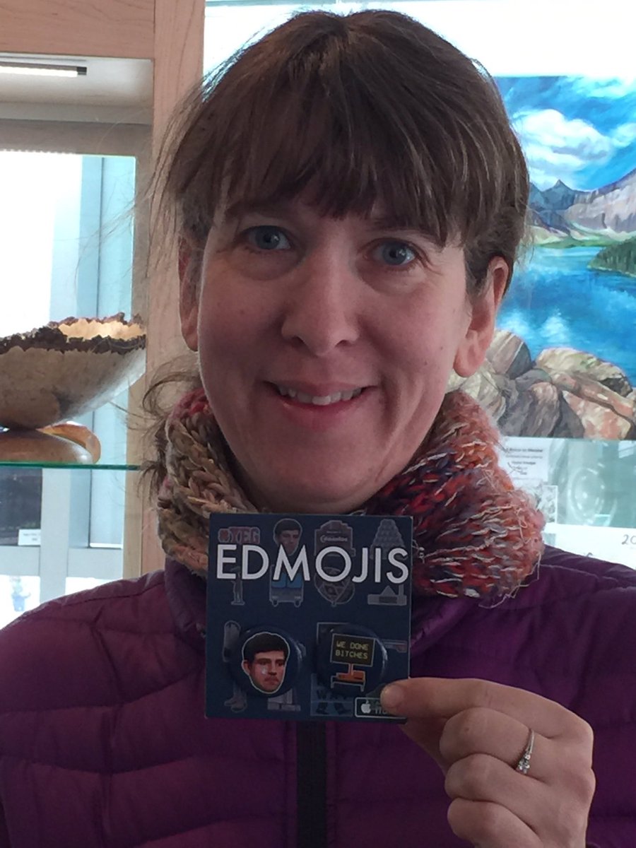 artsedmonton's tweet photo. @Sperounes all smiles as she drops off first batch of #edmoji pins @tixonthesquare - they're all yours for a toonie each #yegarts #yegdt https://t.co/De5CmUYW4W
