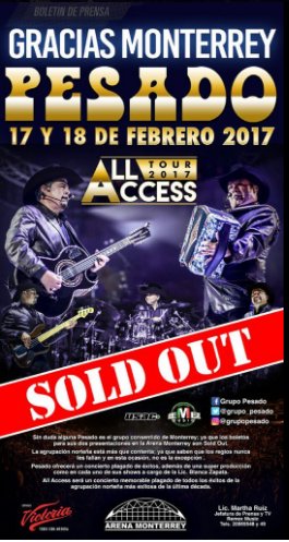 ArenaMtyOficial's tweet photo. ¿Te quedaste con ganas de ver a @GrupoPesado en el concierto hoy?
#HoyArenaMTYRegala 5 pases dobles, da RT y al llegar a 50 sabrás qué hacer https://t.co/GF9obczLX7