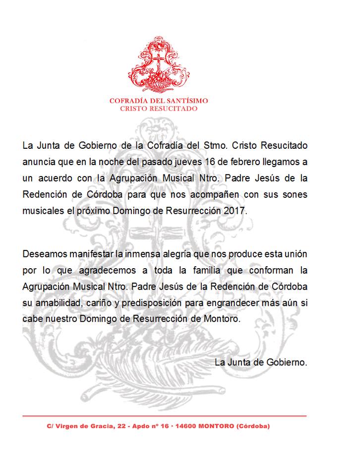 La Hdad. del <a href="/ResucitadoMontr/">Resucitado Montoro</a> anuncia que el próximo D.Resurección será la acompañada por la banda cordobesa <a href="/RedencionCordob/">Redención de Córdoba</a>