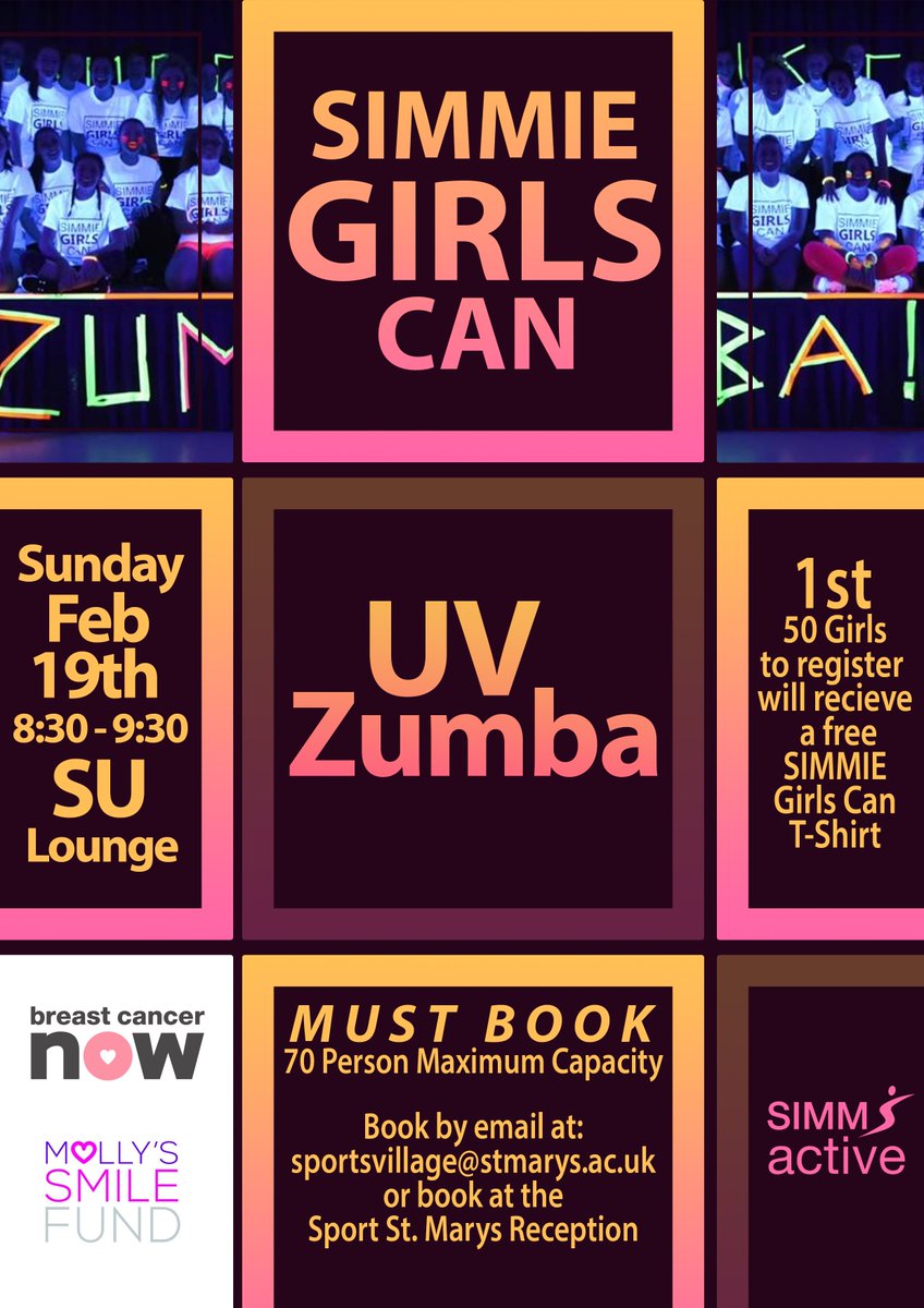 SIMMSactive's tweet photo. #SIMMIEGirlsCan week kicks off Sunday w/ UV Zumba 8.30-9.30 in the SU Lounge. Book today to avoid disappointment! 02082404334
See you there! https://t.co/h4OvKInSGy