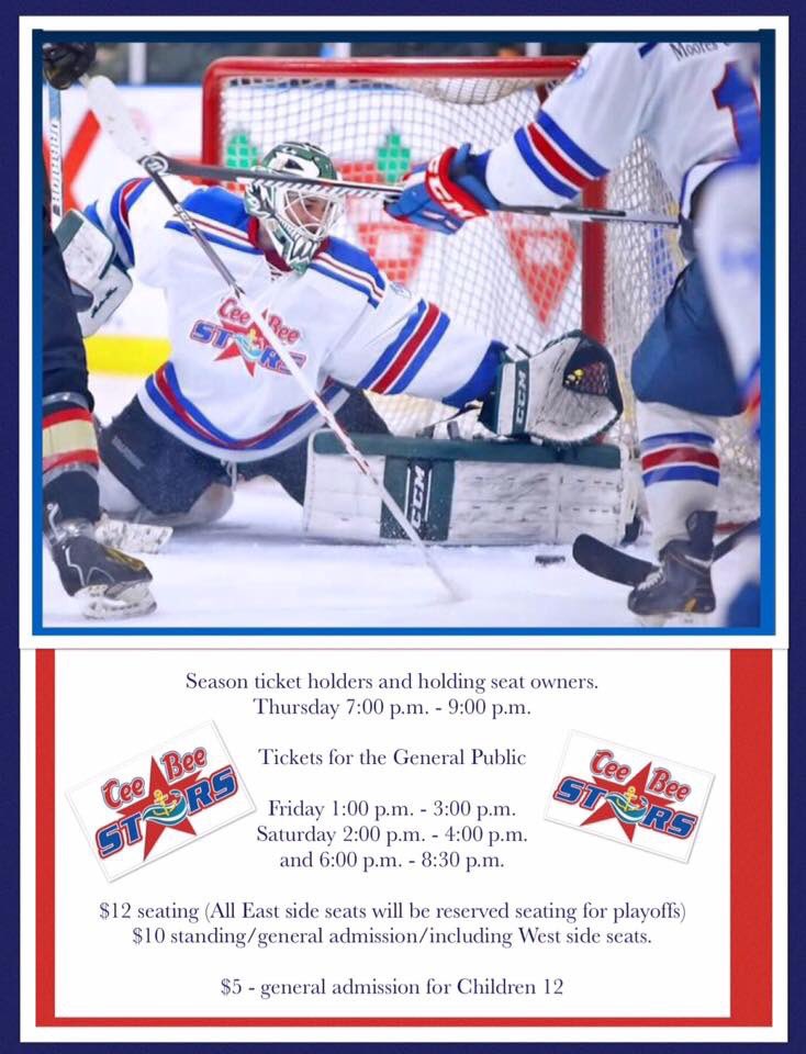 CeebeeStars's tweet photo. Tickets on sale today 1-3pm. Sat 2-4pm & 6-830pm. Puck drop Saturday night 730pm. Your #HGOE @CeebeeStars host @SJSeniorCaps Gm5 #HomeIceAdv https://t.co/xJIjAgb8no