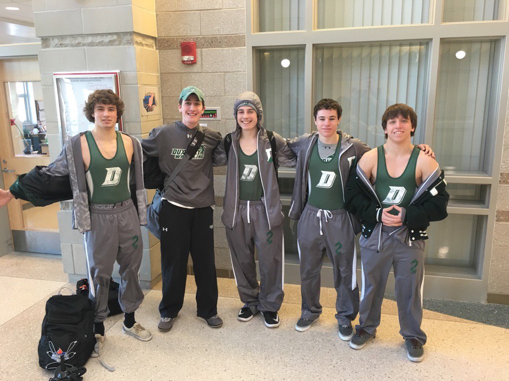 DuxburyHS's tweet photo. Wrestlers going to D2 States.  Came to school with singlets under the sweats.  That's school spirit.  Good luck! https://t.co/5J3HvzOhPB
