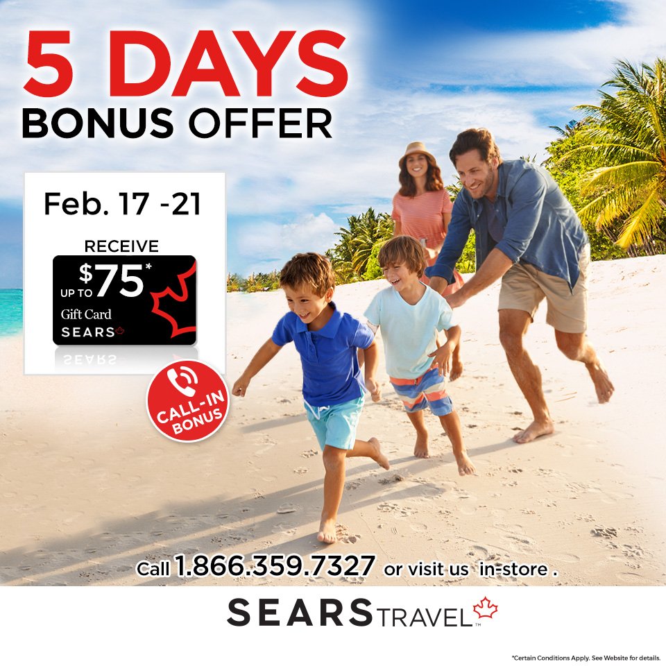 SearsTravel's tweet photo. 5 Days ONLY → Receive up to $75 in a Sears Gift Card
https://t.co/jQD45mdeq3 https://t.co/VZmGw8J4lT