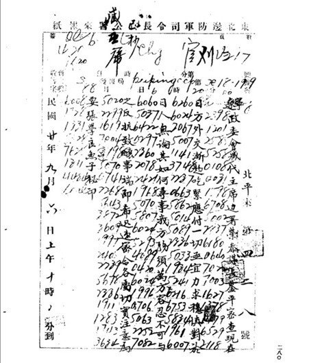 近現代中国書道bot 圧倒的康生力 1931年9月6日に張学良が 東北辺防軍 司令長官公署参謀長である栄臻と東北三省政務委員會へ送った電文 数字による暗号を漢字に起こしているのが解る 日本軍 に対し不抵抗方針をとるように指示したもの 同月の9月18日 満洲