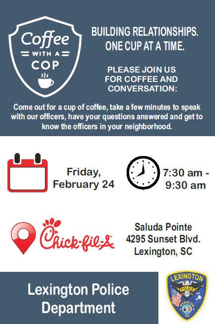 ChickfilASP's tweet photo. Join us Friday February 24th from 7:30-9:30am to meet, ask questions and get to know officers from the Lexington Police Department! #cfa https://t.co/QAISYcGtg7