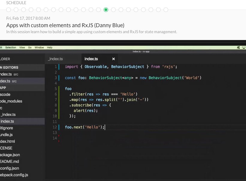 wcremoteconf's tweet image. We&apos;re live coding custom elements and talking RxJS with @dee_bloo.