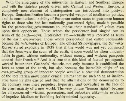 MaciekWizz's tweet image. #HannahArendt on #denationalization as a #totalitarian tool (The Origins..., p. 269); today a popular #idea from french PS to israeli Likud