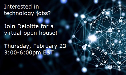 JPhillyPowell's tweet photo. Calling all technology professionals! Join @DeloitteUS for a virtual open house on February 23. #techjobs https://t.co/xx9IjJVo04 https://t.co/mMz3yiyJ27