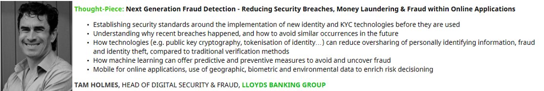 OpenFutureWorld's tweet photo. Listen to Tam Holmes from Lloyds Banking talk next generation fraud detection at #IdentityKYC Summit https://t.co/ZzO7TUh2v9 https://t.co/toTqabG9Uc