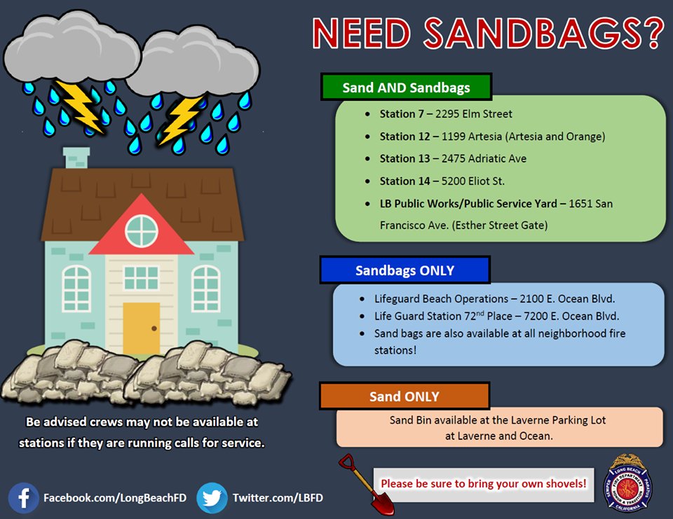 LBHealthDept's tweet photo. #LB we are expecting a significant amount of rainfall in a short amount of time, be sure to prepare! Sandbag Locations via @lbfd #LBRain https://t.co/5yNzwNlzJo