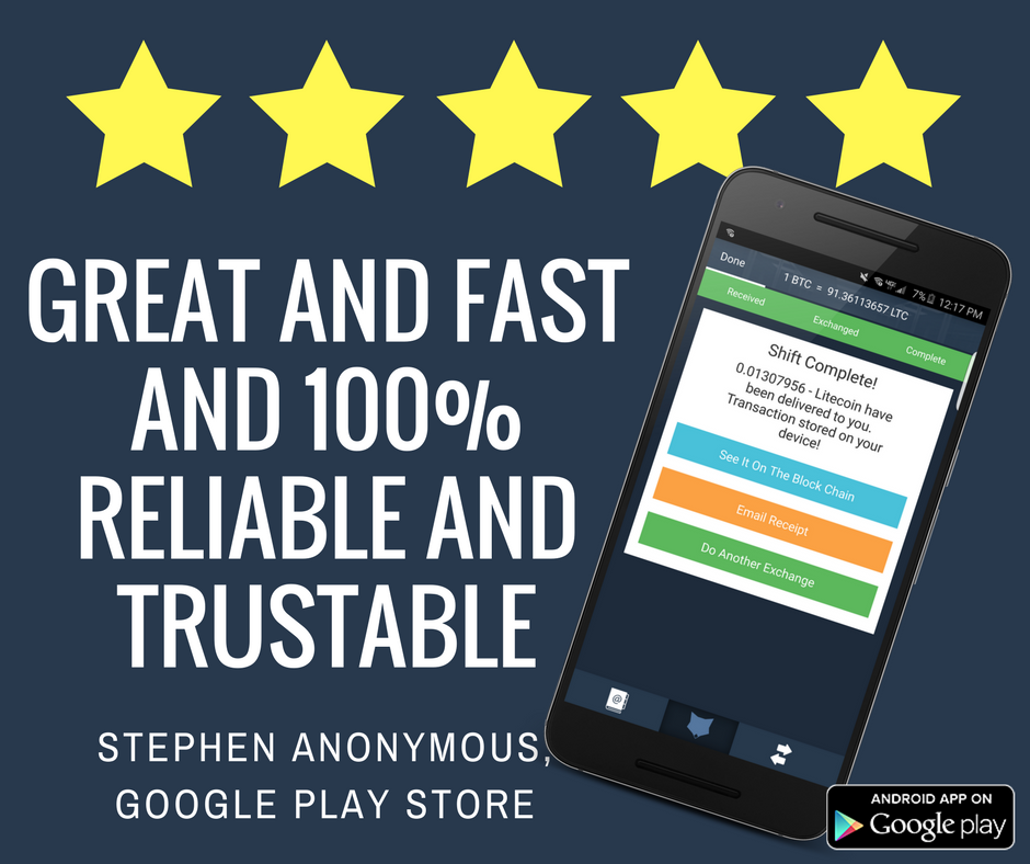 ShapeShift's tweet photo. The ShapeShift #Android app is pretty awesome. But don't take our word for it! Check out this five-star review! https://t.co/uj3TS8gBdC https://t.co/dNdYCan8Fi